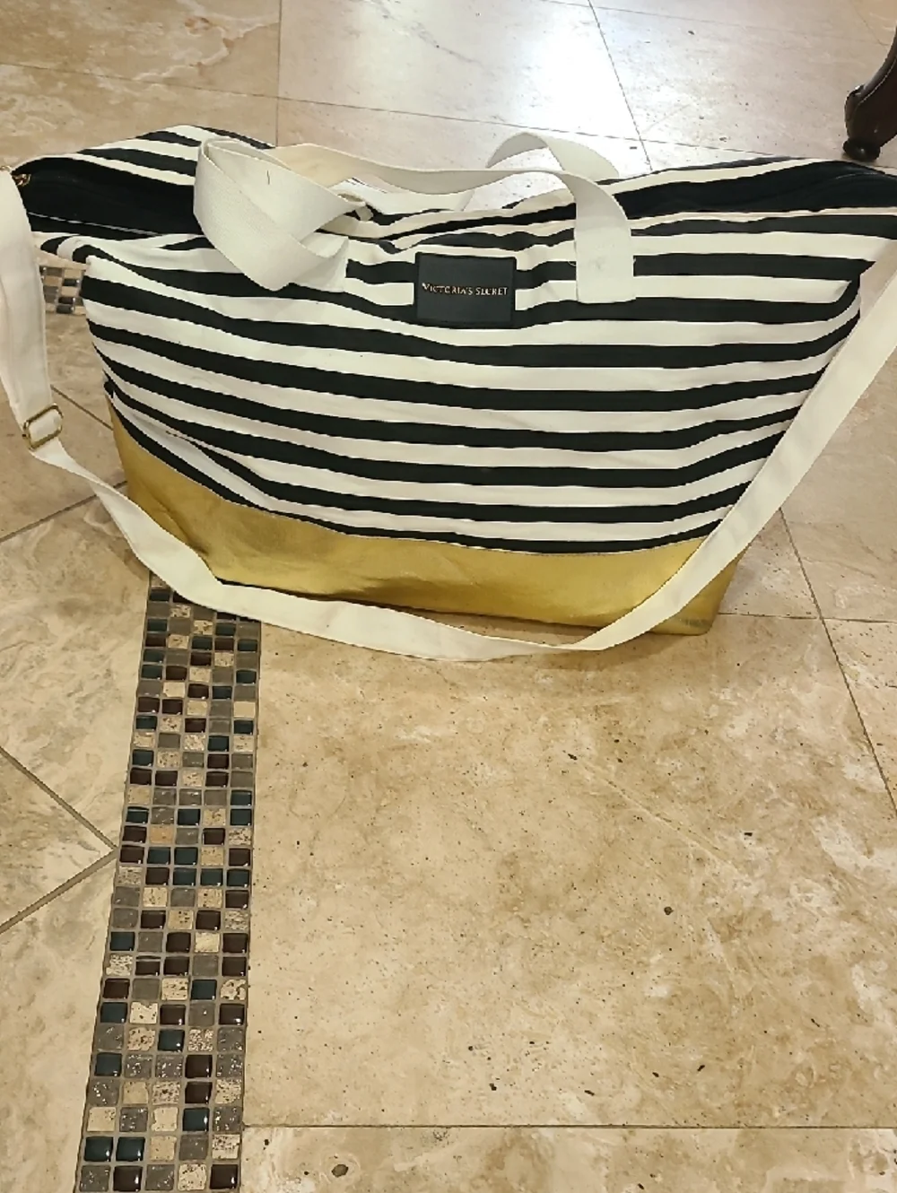 Victoria's Secret Black & White Striped Tote with Gold Bottom